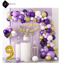 Store 7 Harf Isimli 9 Yaş Macaron Mor Balon Zinciri Seti Gölge Mor Altın Balon Dekorasyon