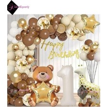 Store Ayıcık Zürafa Temalı Folyo Balonlu , Krem 1 Yaş Doğum Günü Parti Seti Balon Seti