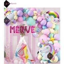 Store 5 Harfli 4 Yaş Gökkuşağı Konsepti Unicorn Temalı Makaron Balon Doğum Günü Parti Kutlama Seti