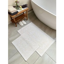 Bluenity Raya Damask  Doğal Pamuklu 2'li Banyo Paspas Seti 60X100+50X60 cm - Beyaz