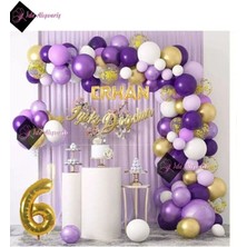 Store 5 Harf Isimli 6 Yaş Macaron Mor Balon Zinciri Seti Gölge Mor Altın Balon Dekorasyon