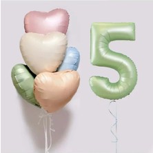 Store 5 Adet Retro Kalp Folyo Balon Buketi Seti  Su Yeşili Rakam Folyo Balon  Doğum Günü Balon Seti Süsü