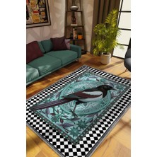 Homshtag Nuh'un Gemisi Koleksiyonu Saksağan Kuşu Temalı Damalı Rustik Renkli Bordürlü Konsept Halı