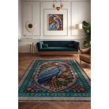 Homshtag Nuh'un Gemisi Koleksiyonu Mavi Balıkçıl Temalı Çiçekli Çok Renkli Bordürlü Konsept Halı