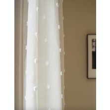 Boutique Curtain Keten Ponpon Puantiye Benekli Tül Perde Düz Pilesiz Ekstraforlu Rustik/ Korniş Uyumlu Ekru Renk