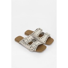 Nilufarr Block Bej Deri Kemerli Kadın Terlik