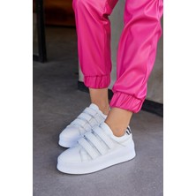 Nilufarr Mila Beyaz Deri Zebra Detaylı Cırt Bantlı Kadın Sneaker