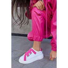 Nilufarr Patty Beyaz Deri Pembe Lastikli Kadın Sneaker