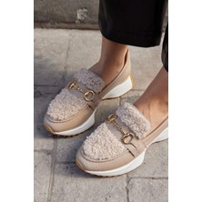 Nilufarr Shaggy Bej Deri Kürklü Kadın Sneaker