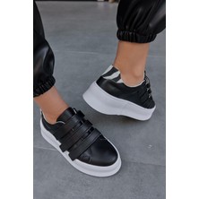 Nilufarr Mila Siyah Deri Zebra Detaylı Cırt Bantlı Kadın Sneaker
