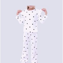 Lolli Boom Kids  Yeni Sezon Kız Çocuk Fitilli Alt Üst Ekru Üzeri Kalp Desen Uzun Kol Pijama Takımı Fırfır Omuz
