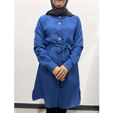 White Lily Boutique Taşlı Boydan Düğmeli Kuşaklı Keten Tesettür Tunik