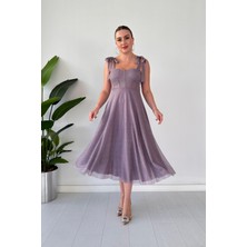 Mazi Butik Simli Kloş Abiye Lila