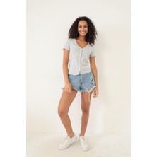 Amida Grimelanj Fitilli Görünümlü V Yaka Önden Düğmeli Basic Kadın T-Shirt- 2417