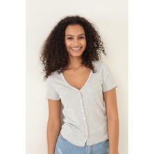 Amida Grimelanj Fitilli Görünümlü V Yaka Önden Düğmeli Basic Kadın T-Shirt- 2417