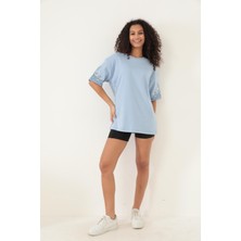 Amida Mavi Kolları Etnik Nakışlı Oversize Kısa Kollu Kadın T-Shirt- 2406