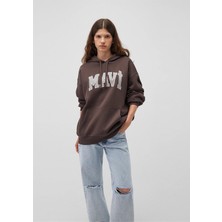 Baskılı Kapüşonlu Kahverengi Sweatshirt  1600361-70222