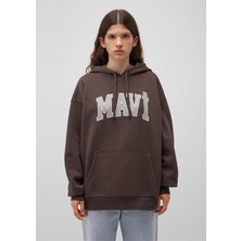 Baskılı Kapüşonlu Kahverengi Sweatshirt  1600361-70222