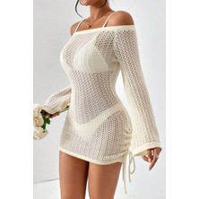 Angelsin Örme Yanlardan Büzgülü Uzun Kollu Plaj Elbisesi Pareo