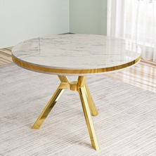 Canisa Mos Serisi 90X90 Lak Panel Beyaz Mermer Desen Gold Kaplama Ayaklı Mutfak Masası