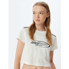 Koton Crop T-Shirt Slogan Baskılı Biyeli Bisiklet Yaka Kısa Kollu Pamuklu