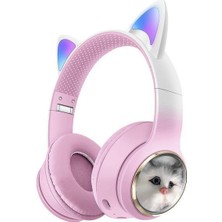 Torima HD11 Pembe Sevimli Kedi Karikatür Kulak LED Işıklı 5.3 Bluetooth Kulak Üstü Kulaklık