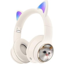 Torima HD11 Beyaz Sevimli Kedi Karikatür Kulak LED Işıklı 5.3 Bluetooth Kulak Üstü Kulaklık