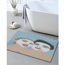Rugs Modern Mavi Bej Temalı Erkek ve Kadın Portre Desenli Modern Dekoratif Banyo Paspası 90×60 Dijital Baskı