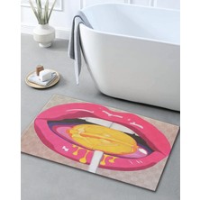 Rugs Modern Sarı Pembe Temalı Lolipop ve Dudak Desenli Modern Dekoratif Banyo Paspası 90×60 Dijital Baskı