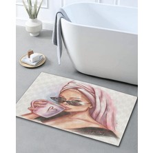 Rugs Modern Pudra Bej Temalı Kadın Portre Desenli Modern Dekoratif Banyo Paspası 90×60 Dijital Baskı