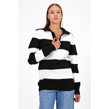 Tarz Cool Kadın Çizgili Şeritli Comfort V Polo Yaka Triko