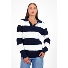 Tarz Cool Kadın Çizgili Şeritli Comfort V Polo Yaka Triko