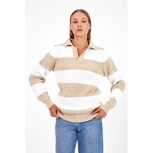 Tarz Cool Kadın Çizgili Şeritli Comfort V Polo Yaka Triko