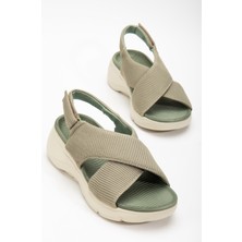 Dilimler Ayakkabı Keten Malzeme Faylon Haki Kadın Dolgu Taban Sandalet