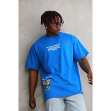 Koflandy Bisiklet Yaka Baskılı Oversize T-Shirt - Mavi