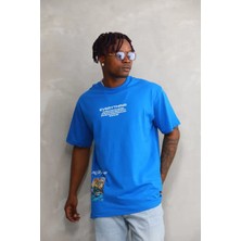 Koflandy Bisiklet Yaka Baskılı Oversize T-Shirt - Mavi