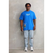 Koflandy Bisiklet Yaka Baskılı Oversize T-Shirt - Mavi