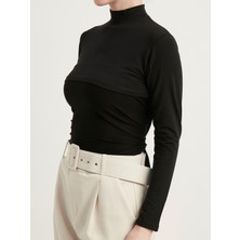 Schaless Uzun Kollu Balıkçı Yaka  Pamuk Yarım Body - Siyah ( Small - Medium - Large )