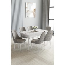 Sar Pakete Zümra Serisi, Beyaz Mermer Desen 80X132 Açılabilir Mdf Mutfak Masası Takımı 6 Adet Sandalye