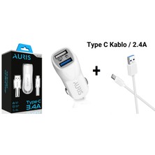 Araç Şarj Cihazı Oto Çakmaklık Şarj Cihazı Seti 2 Port USB + Type C Kablolu Yüksek Hızlı Şarj 3.4 A