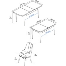 Sar Pakete Zümra Serisi, Siyah Mermer Desen 80X132 Açılabilir Mdf Mutfak Masası Takımı 6 Adet Sandalye