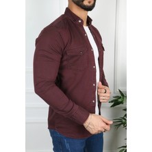 By Srt Giyim Slim Fit Erkek Kot Gömlek Bordo