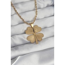 Etexy 316L Çelik Zincir Gold Renk Burgu Zincirli Yonca Kolye