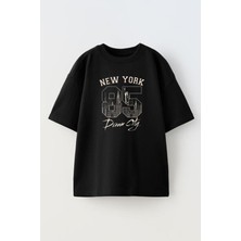 Nmg Tekstil Siyah Oversize Pamuk New York85 Baskılı Örme T-Shirt