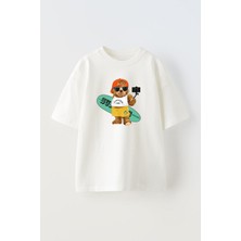 Nmg Tekstil Beyaz Oversize Pamuk Surf Köpek Baskılı Örme T-Shirt