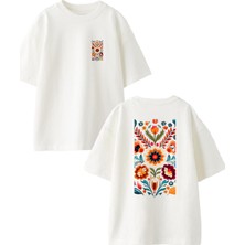 Nmg Tekstil Beyaz Oversize Pamuk Çiçek Halı Deseni Ön Arka Baskılı Örme T-Shirt