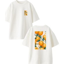 Nmg Tekstil Beyaz Oversize Pamuk Portakal Dalında Ön Arka Baskılı Örme T-Shirt