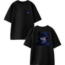 Nmg Tekstil Siyah Oversize Pamuk Kapşunlu Bitkin Anime Ön Arka Baskılı Örme T-Shirt