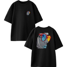 Nmg Tekstil Siyah Oversize Pamuk Renkli Gözlüklü Kadın Ön Arka Baskılı Örme T-Shirt