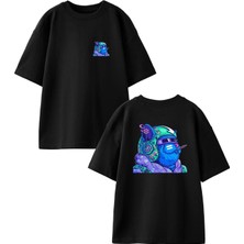 Nmg Tekstil Siyah Oversize Pamuk Mavi Kedi Kasklı Ön Arka Baskılı Örme T-Shirt